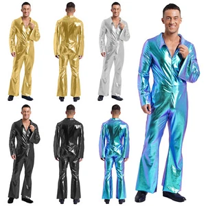 Men Shiny Metallic Disco Party Jumpsuit Flare Pants Bell-bottoms Hippie Rompers - Picture 1 of 42