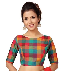 New Designer Women's Cotton Checkered Short Sleeve Saree Blouse - Picture 1 of 3