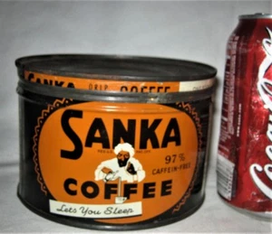 ANTIQUE USA VINTAGE WW II COUNTRY COFFEE SHOP SANKA TIN CAN KITCHEN SIGN TEA CUP - Picture 1 of 8