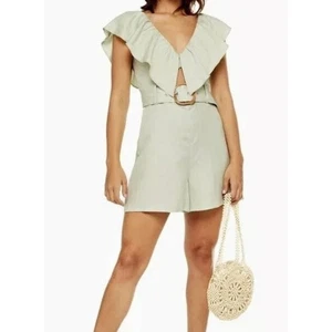 Topshop Damen Leinenmischung Riviera Rüschen Strampler in Mintgrün Größe 10 UVP 69 $ - Bild 1 von 5