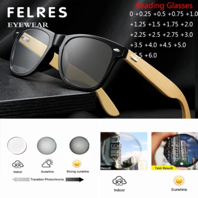 Unisex Square Bamboo Wood Photochromic Reading Glasses Wooden Temple Sunglasses - Image 1 of 4