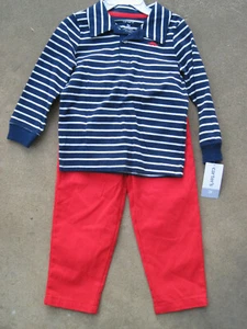 Carters Toddler Boys 2 pc set Dinosaur Navy striped long sleeve top red pant NWT - Picture 1 of 5