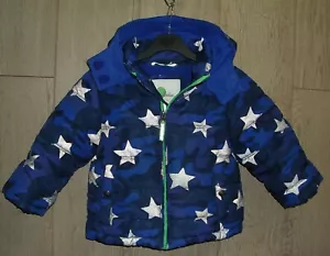 Mini Boden Boys Blue Green STAR Fleece Lined Hooded Winter Coat Age 2-3 98cm - Picture 1 of 6