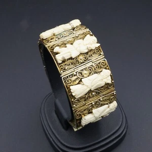 Antique Chinese Sterling Silver 8 Imortals Carved Deer Bone Panel Bracelet - Picture 1 of 5