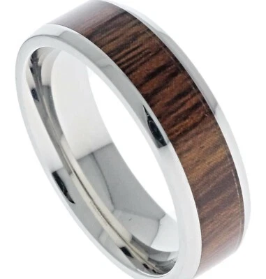 Женское кольцо из полированной нержавеющей стали с имитацией инкрустации древесиной зерном размер 7 T59 - Изображение 1 из 4