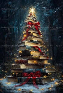 BOOK CHRISTMAS TREE ART PRINT, Library Home Decor, Holiday Painting Poster E487 - Picture 1 of 2