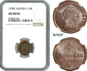 AK194, Austria, Joseph II, 1/4 Kreuzer 1790 F, NGC AU58BN, Top Pop, Rare! - Picture 1 of 1
