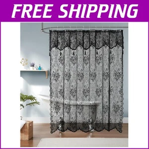 Luxury Black Lace Shower Curtain 72 x 84 with Valance & 7 Tassels - Vintage Chic - Picture 1 of 7
