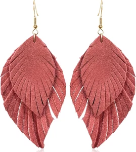 Handgefertigte böhmische große weiche Echtleder Fransen doppelte Feder Hänger Tropfen E - Bild 1 von 6