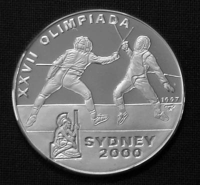 Caribe 10 pesos plata prueba 1997 Sydney Juegos Olímpicos esgrima KM#591 15g 999Ag Foto 1 de 4