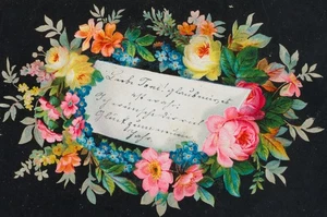 Glückwunschkarte mit Blumenkranz, Chromolithographie Unbekannt (19.Jhd) - Picture 1 of 4