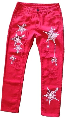 Безымянные производители красный паутина состаренные джинсы мужской размер 32 X 29 хлопок рок брюки - Изображение 1 из 4