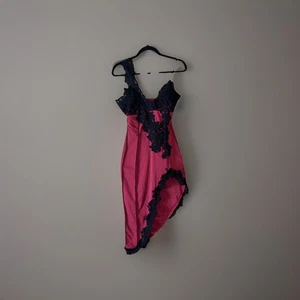 Asymmetric Panel Midi Slip Dress Sz L Blood Red Black Lace High Slit Gothic - Picture 1 of 12