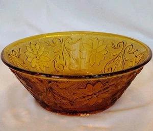 Vintage Indiana Glass Sandwich Amber 8-1/2" Large Glass Fruit Serving Bowl - Picture 1 of 8