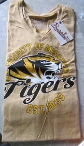 NWT NCAA Missouri Tigers Glitter V- Neck Long Sleeve Tee- Tan w/Thumb Hole Cuffs - Picture 1 of 5