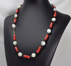 COLLANA IN ORO GIALLO 18 KT CON CORALLO ROSSO PERLE E SPINELLI NERI OGLN 029 - Picture 1 of 3