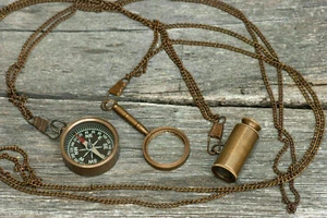 Nautical Compass Telescope & Magnifier style Necklaces 30" Chain Man Lot of 3 - Picture 1 of 4