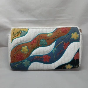 VTG 1970's White Raffia Multicolor Embroidery Handmade Clutch Bag Large 14x9x2 - Picture 1 of 4