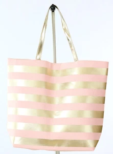 NEW - Macy's Large Tote Beach Baby Girl Bag Travel PINK GOLD Stripe Lightweight - Picture 1 of 4
