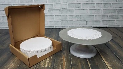 Ateco 612 - 12 inch Cake Stand White with 500 Count Doily Normandy 8" Round Lace - Image 1 of 4