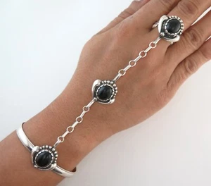Sterling Silver Black Onyx  Adjustable Ring Southwestern Slave Bracelet - Picture 1 of 8