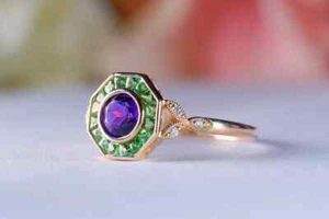 Art Deco Style Lab-Created Diamond Amethyst & Emerald Ring 14K Yellow Gold FN - Picture 1 of 12