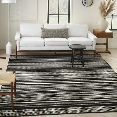 Nourison Grafix Abstract Black White 7'10" x 9'10" Area -Rug, Easy -Cleaning, - Image 1 of 4