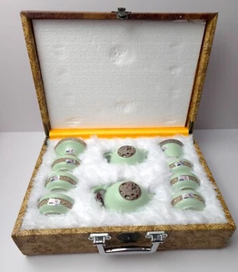 Chinesisches Ru Porzellan zehnteiliges Teezeremonie Set Reisebox grün - Bild 1 von 24