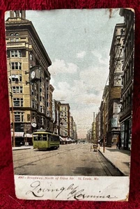 St Louis Missouri Broadway North of Olive Street with Trolley udb Postcard 1908 - Picture 1 of 3
