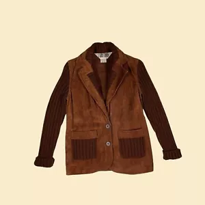Vintage 70s/80s leather & knit jacket by Carol Cohen, 1970s brown size 7 jacket - Picture 1 of 9