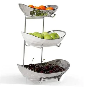 Fruit Bowl Ceramic Fruit Basket, Serving Stand Serving Bowl with 3 Tier Silver - Picture 1 of 7