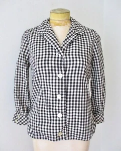 Vtg 60s Fox Mod Black Cotton Gingham Check Cotton Button Jacket Back Belt S/M - Picture 1 of 8
