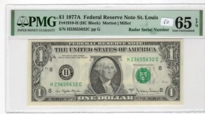 $1 1977A FRN Fr# 1910-H HC Block PMG UNC 65 EPQ Radar Serial St Louis - Picture 1 of 2