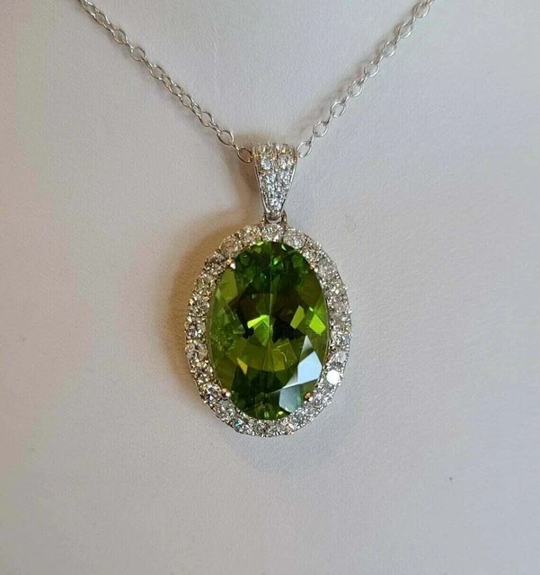 Lab-Created Peridot 4.00 克拉椭圆形切割光环吊坠 14k 镀白金 18 链 — 第 1/4 张图片