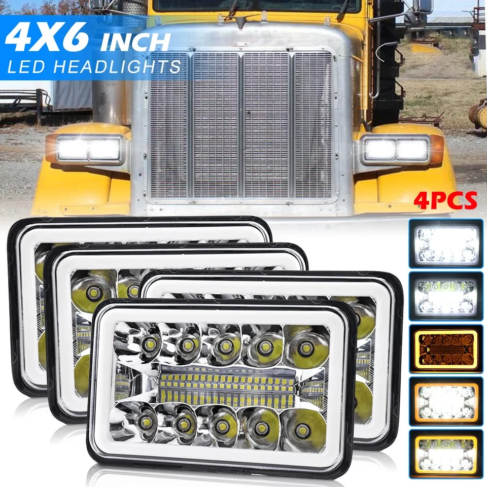 4pcs 4x6'' LED Headlights Hi/Lo w/DRL For Peterbilt 379 378 Freightliner FLD120 Foto 1 de 4