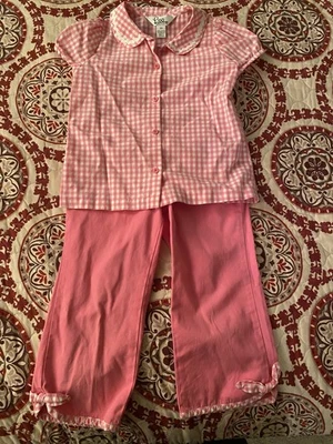 Lilly Pulitzer 尺寸 6X 女孩粉色格子上衣卡普里裤套装蝴蝶结 — 第 1/4 张图片