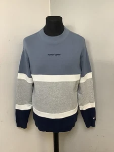 Mens Tommy Jeans Grey/Blue Colour Block Oversized Jumper Sweatshirt SMALL - Picture 1 of 4