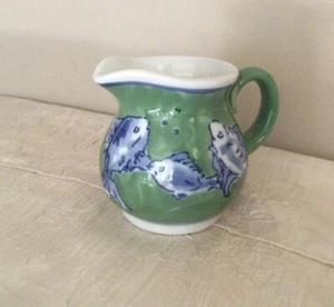 April Cornell Green with Blue Fishes Ceramic Creamer Small Pitcher Beachy Decor - Picture 1 of 6