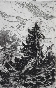 Etching Signed & Titled (illegibly for me) dramatic landscape - Picture 1 of 8