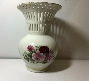 Ceramic beige Vase with Floral Design & Gold Accents - Picture 1 of 6