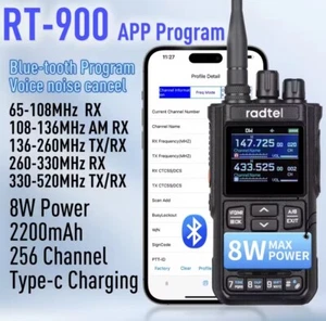 Radtel RT-900 8W Full band Ham Radio Walkie Talkie 256CH Air Band Stazione radio - Foto 1 di 5