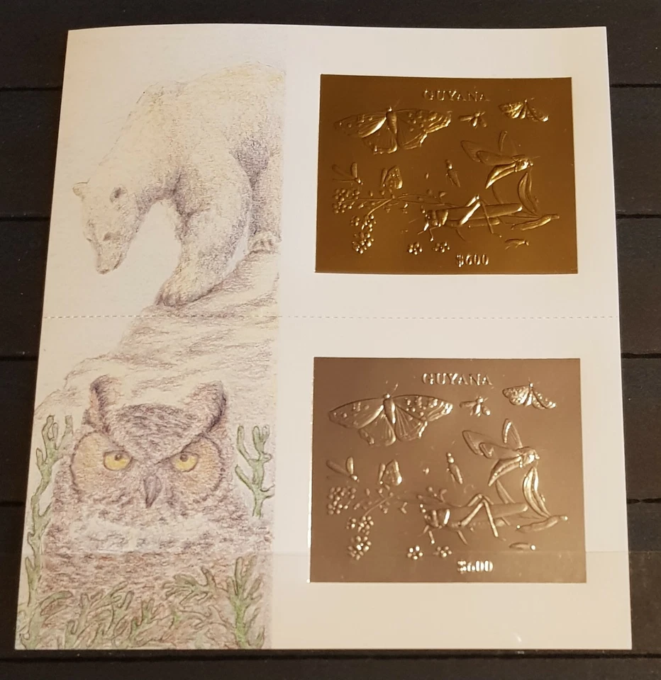 GUYANA MARIPOSAS E INSECTOS BLOQUE ORO Y PLATA MNH Foto 1 de 1