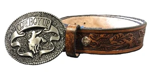 Mens Leather Belt Oak Leaf Design Cowboy Up Buckle Brown Handmade Sizes 30-52 - Picture 1 of 7