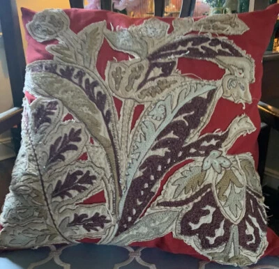 Pottery Barn Pascal  Embroidered Accent Pillow Red Down Beaded Button 20" x 20" - Image 1 of 4