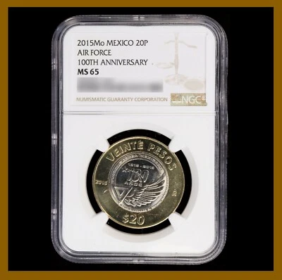Moneda de 20 Pesos México, 2015 100 Aniversario Fuerza Aérea NGC MS 65 Unc Foto 1 de 2