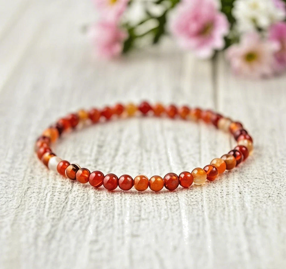 Natural Carnelian 4mm Crystal Gemstone Beads Dainty Stretch Bracelet Minimalist - Image 1 of 4