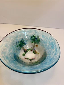 Stunning Vintage Hand Crafted Art Glass Bowl Signed Blue Green Red Yellow Orange - Picture 1 of 16