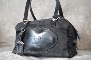 PRADA Tessuto Logo embossing Shoulder Bag Handbag Mini Boston Bag Black Nylon - Picture 1 of 19