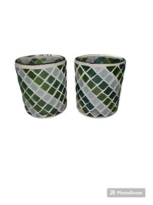 2x Green White Mosaic Spring St. Patrick's Day Votive Candle Tea Light Holders - Image 1 of 4