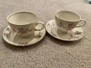 Homer Laughlin Apple Blossom Tea Cup Saucer Sets Eggshell Nautilus 2 Excellent - Picture 1 of 9